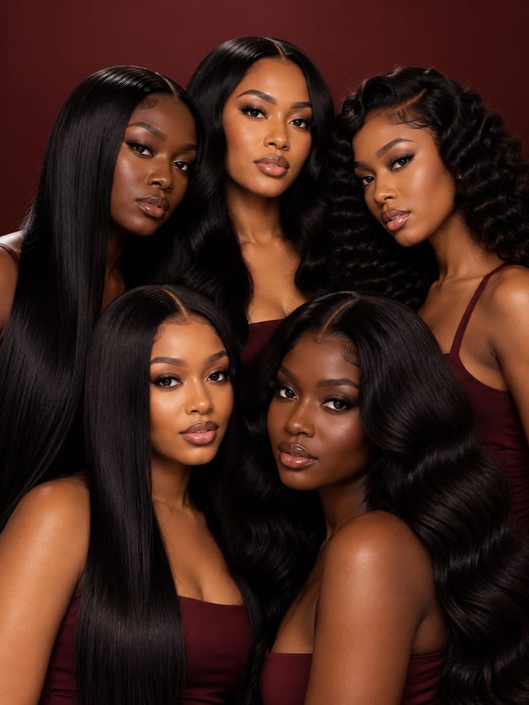 Five Tissage De Loh looks against burgundy: straight, body wave and deep wave
